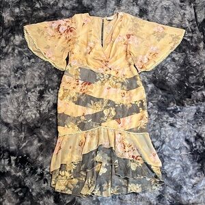 ASOS Yellow Gray Floral High Low Hem Dress Size 12 NWT